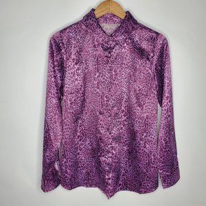 Belle Kim Gravel Womens Purple Animal Print Silky Button Front Blouse Size S